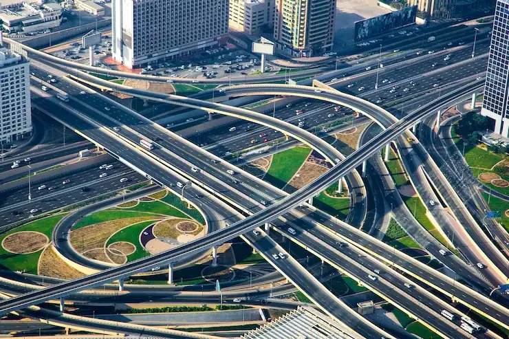 Highway overpass and bridge infrastructure supported by durable cast iron components for civil engineering projects.