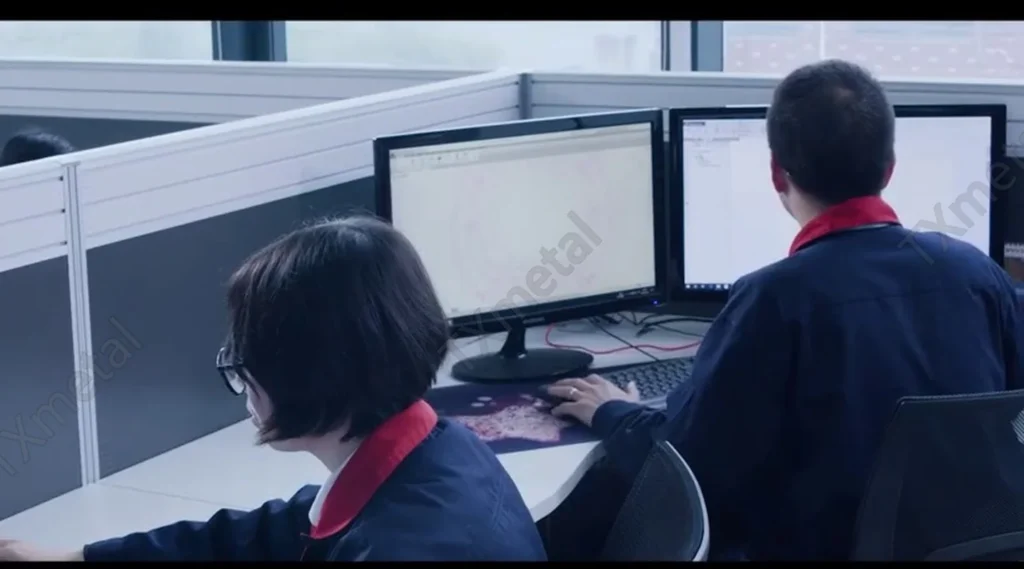 Professional metal casting engineers analyzing CAD designs on dual monitors for precision iron casting production.